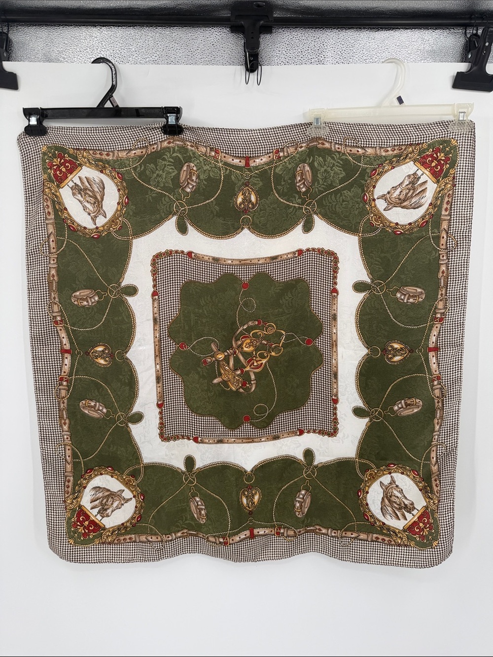 Vintage Olive Green Decorative Square Equestrian Horse Scarf